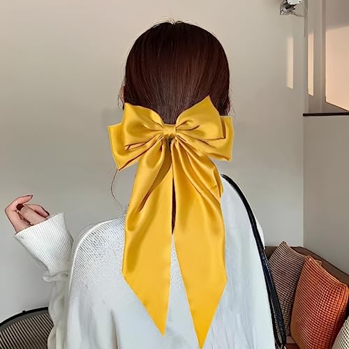 Image of FilterFashion Big Satin Layered Hair Bows for Women Girls 11.5 Inch Barrette Hair Clip Long Back Ribbon Bows French Style Hair Accessories (Yellow,White)