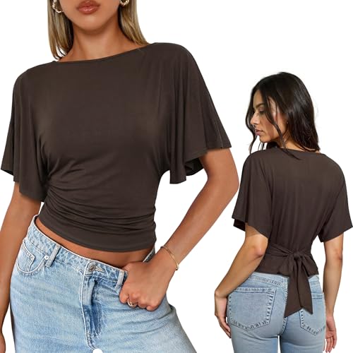 Nlife Womens Flutter Sleeve Tops Tie Back Waist Blouse Boat Neck Flattering Elegant Slim Fit Summer Casual Shirt
