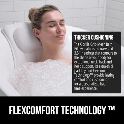 Image of GORILLA GRIP Bath Pillow for Tub, 6 Strong Suction Cups, 4D Mesh FlexComfort Headrest for Neck, Head and Back Support, Luxury Machine Washable Pillows, Bathtub Accessories, Spa Gifts for Women, White