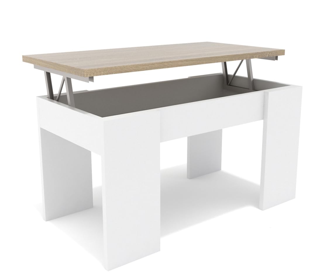 DORMIDAN- Mesa de Centro elevable, Comedor o Auxiliar, Mayor Grosor y Estabilidad (Blanco Tapa Roble)
