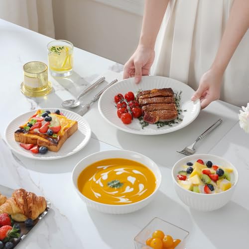 MALACASA 24-Piece Embossed Porcelain Dinner Set for 6, Includes Dinner Plates & Soup Bowls, Chip and Scratch Resistant, Microwave and Dishwasher Safe, Elegant White, Series Leila - Image 6