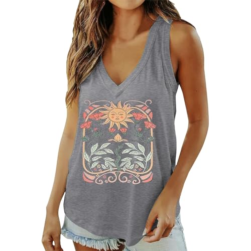 Generisch Camisetas de verano para mujer, cuello en V profundo, sin mangas, con estampado gráfico, gris, S
