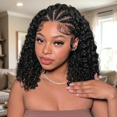 HIRIREMY Curly Wig Human Hair 13x4 HD Lace Front Wigs For Black Women Human Hair Pre Plucked Wear And Go Glueless Short Wet And Wavy Braided Wig Black Color 14 Inch