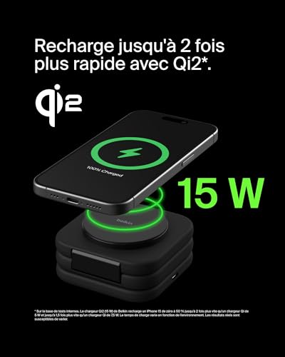 Belkin BoostCharge Pro Station de Recharge aimantée 3-en-1 Portable avec Qi2, Chargeur Compatible MagSafe, Pliable, 15W, pour iPhone 17, iPhone Air, Pixelsnap, Apple Watch Series 11, AirPods