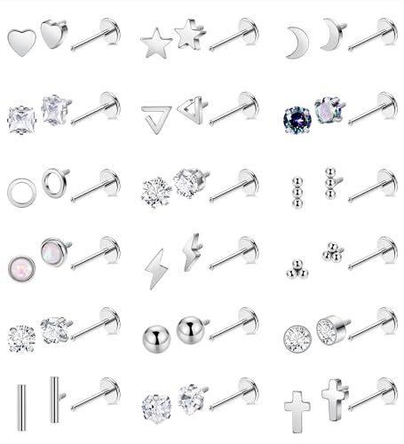 18Pairs 18G Titanium Stainless Steel Stud Earrings Set for Women Men Hypoallergenic Flat Back Cartilage Earring CZ Moon Star Heart Ball Helix Tragus Lobe Stud 6MM 8MM - Main Image