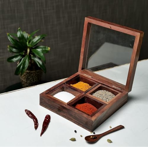 Image of Majestic Mart Sheesham Wooden masala box /namak dani /spices box /masala daani /organizer /masala dabba /spice jar /spice storage box with Glass top for Kitchen. (4 CONTAINERS)
