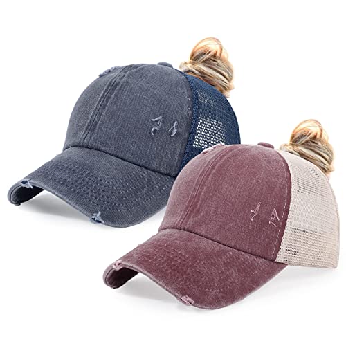 Image of HH HOFNEN Ponytail Hat for Women Washed Distressed Baseball Cap Ponycaps