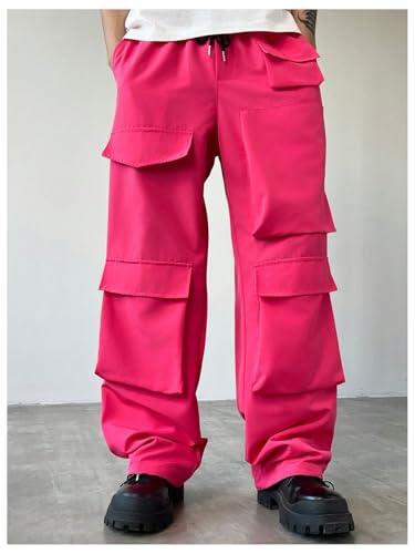 OYOANGLE Men's Flap Pocket Cargo Pants Drawstring Waist Straight Leg Trousers with Pocket Streetwear2