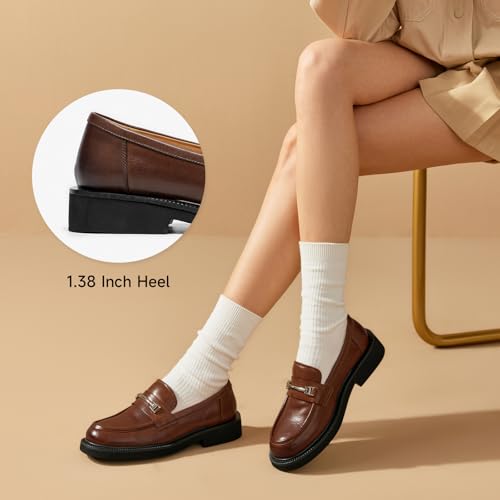 Image of BEAU TODAY Leather Loafers Women, Slip On Penny Loafers for Women Casual Shoes, Chunky Platform Comfortable Business Office Ladies Dress Shoes with Metal Buckle Brown US 8.5
