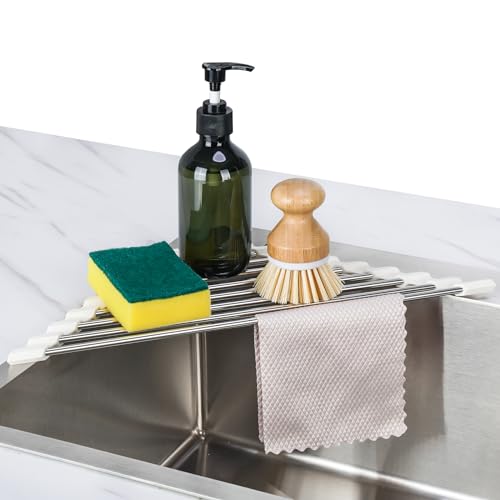 Tomorotec Triangle Roll-Up Escurridor de Platos para Fregadero de Esquina Pequeño Plegable de Acero Inoxidable sobre el Fregadero Organizador de Cocina Ahorrador de Espacio Soporte de Estante (Blanco)