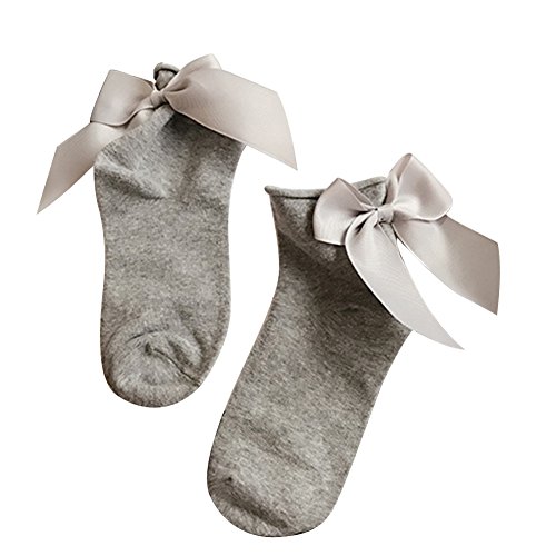 uyhghjhb Chaussettes en coton pour femme Couleur unie Respirant Ourlet avec nœud papillon, Gris clair + gris Cover