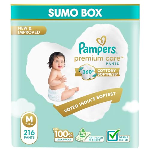 Image of Pampers Premium Care | Pant Style, Medium Size, 216 Count | 360 Cotton Softness Diaper |Anti Rash Diaper with Aloe Vera and 100% Leak Proof Protection | ((72 Count, Pack of 3)
