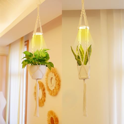 MSFON Macrame Plant Hanger with Grow Light: 2 Pack Sturdy Hanging Planters for Indoor Plants, Cute Plant Holder with Plant Light, Perfect for Different Size Pots