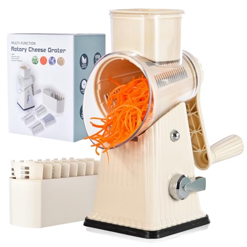 Xilrvna RotaryCheese Grater,VegetableShredder 5 in 1 Cheese Grater with HandleedderReinforcedSuction,EasytoClean,KitchenChopperforCrushedIce,Fruits and Nuts with Blade Storage Case(White