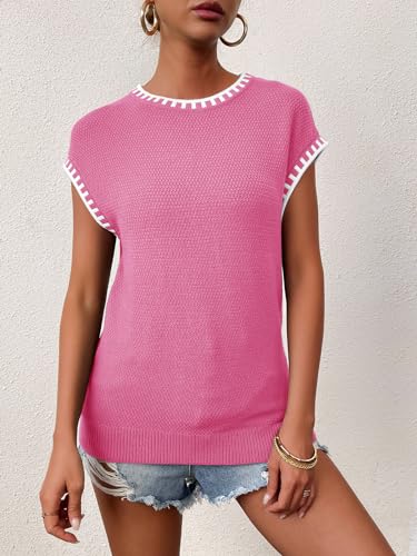 Image of Cap Sleeve Sweater Tops for Women 2026 Knit Summer Sleeveless Tank Vest | Slim Fit, Trendy Color Block, Soft, Skin-Friendly, Strechy, Lightweight, Breathable, Casual Daily Wear