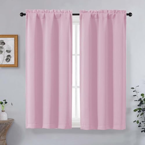 Image of Pink Short Blackout Curtains for Bedroom 45 Inches Long 2 Panels Set, Solid Thermal Insulated Blackout Curtains, Energy Saving Soft Fabric Window Drapes, Dual Rod Pocket, 2x40Wx45L Inches