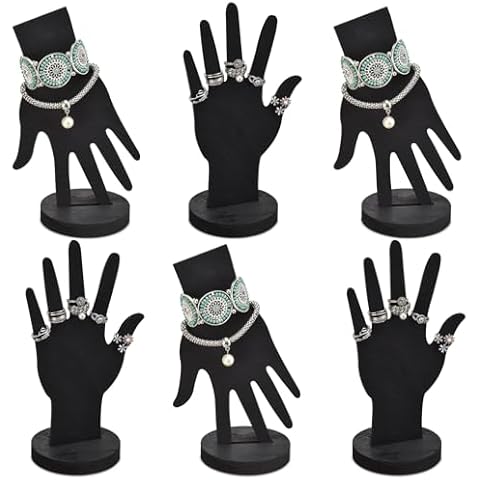 MOOCA 6-Piece Real Wooden Hand Form Jewelry Display Set, 2 Way Design for Wall Hanging or Standalone Mannequin Finger Hand Display, Premium Real Wood Sturdy Base, Black Color Cover