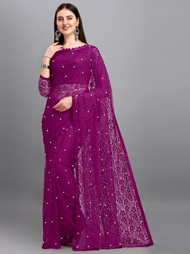 Image of LOROFY Women's Brasso Net Saree With Blouse