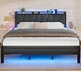 Furnulem King Bed Frame with Headboard and LED Light, Upholstered Platform with Power Outlet and USB Port, King Size Bed with Metal Support and Footboard,No Box Spring Needed, Noise Free