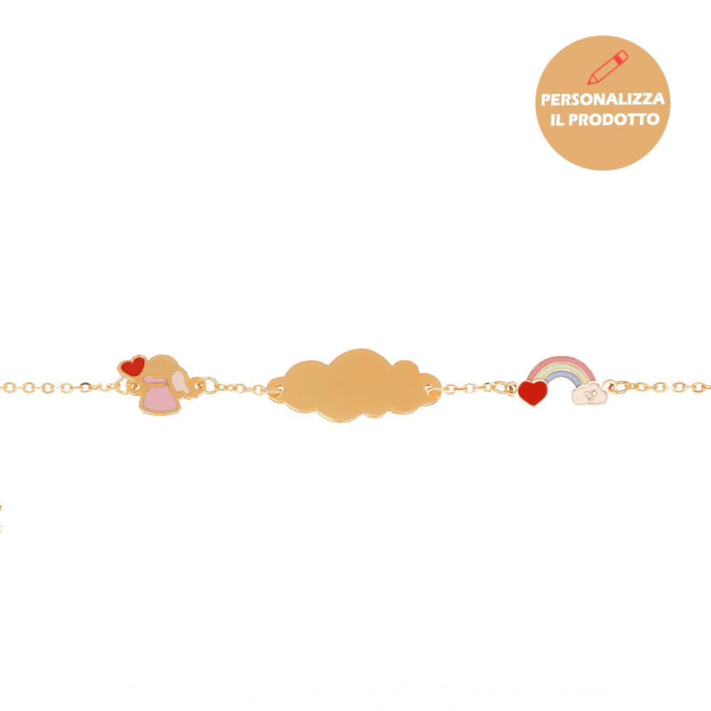 Sakrami Bracciale in Oro Piastrina Incidibile Angioletto e Arcobaleno per Bambini Kids Collection + Confezione Regalo Personalizzata - Braccialetto per Nascita Comunione Battesimo Compleanno