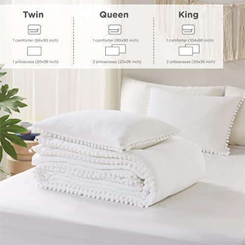 Codi White Boho Queen Comforter Set, Aesthetic Luxurious Pom Fringe Design Bedding Full, Cute Soft Washed Microfiber Bed Sets, Lightweight Chic 3Pcs,1 Comforter & 2 Pillowcases (90X90 Inches) #TOP5