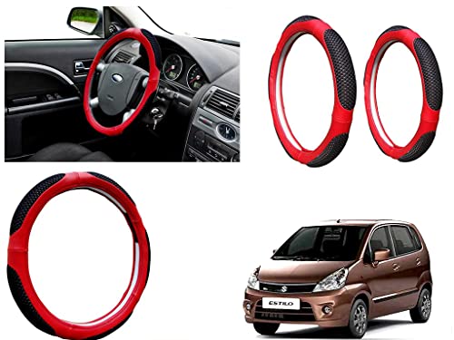 Image of Microfiber Car Steering Wheel Cover, Soft Padding Great Hand Feel, Anti-Slip, Faux Leather Steering Cover for Maruti Suzuki Zen Estilo Type2 | Black Red Jali - Pack of 1