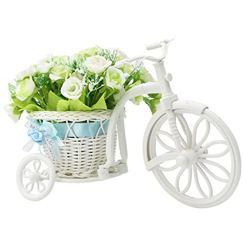 RESOYE Fiore artificiale di rosa bianca con bicicletta nostalgica da giardino, mini cestino di fiori in vaso per la decorazione di matrimoni e casa