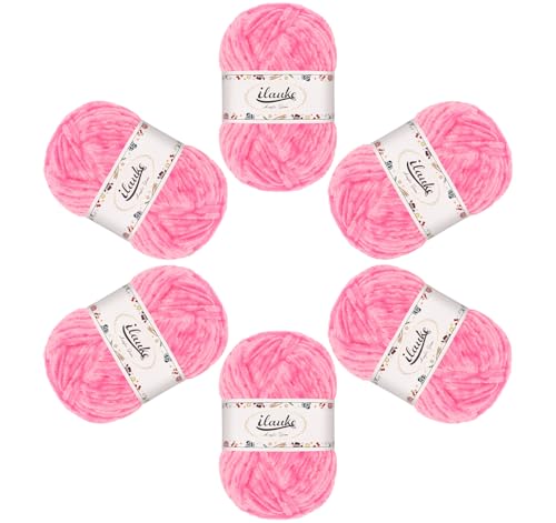 ilauke 6 x 50 g (6 x 70 m) Chenille Garn, Samt Chenille Wolle zum Häkeln und Stricken mit Nadeln mit Handtasche, Rosa Babywolle zum Stricken Weich für Kleidung, Decken, Schals, Kuscheltiere Amigurumi