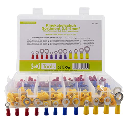 SeKi 0.5-4 mm Parts Ring Terminal Assortment Insulated 360 Pieces 0.5-6.0 mm² M4/M5/M6/M8 Cable Lugs Crimp Connector Set According to DIN Colour Coded Mixed - Image 2