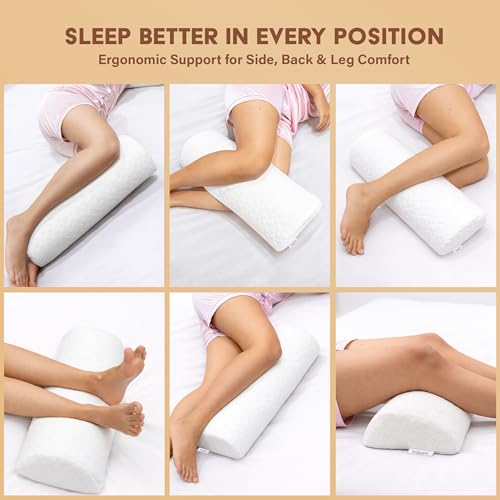 Image of Leg Support Pillow Orthopaedic Memory Foam 20 Inch - Half Moon Bolster (White) - 2 Year Warranty - Knee Pain Relief, Back Alignment Roll for Sleeping & Office Sitting - Washable Velvet Cover