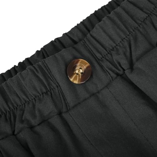 GOFULY Bermuda Shorts for Women Knee Length High Rise Cotton Linen Shorts Elastic Waist Button Half Pants with Pockets4
