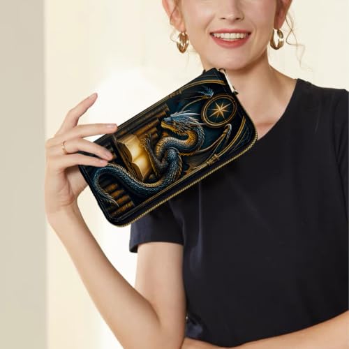 Image of Women's Wallets Credit Card Holder Money Leather Long Wallet | Long wallet with Wristlet,Large Capacity with Zip-Around Phone Purse for Women Ladies Girls,Blue Dragon Bookshelf