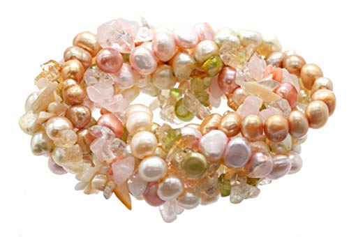 Ltc Designs Spring Blossom Themed Set Of 7 Cultured Freshwater Dyed Baroque (5.5-6Mm) Pearl And Semi-Precious Stone Stretch Bracelets In Pink, Light Green And Yellow, 7.5" For Women,Teens,And Girls #TOP8