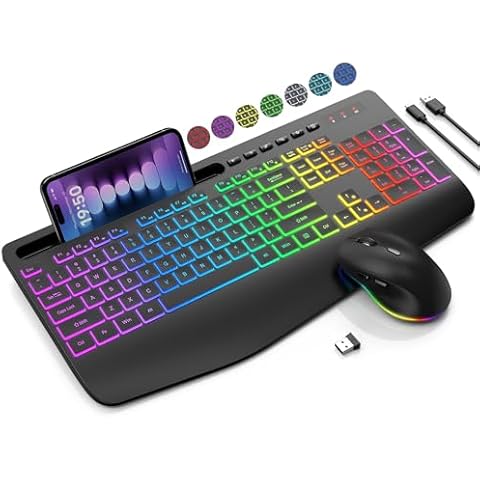 Wireless Keyboard and Mouse Combo, 9 Backlit Effects, Wrist Rest, Phone Holder, 2.4G Lag-Free Ergonomic Keyboards, Rechargeable Silent Cordless Set for Computer, Laptop, PC, Mac, Windows -SABLUTE Cover