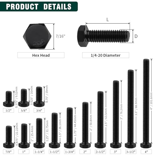 Image of 1 /4-20 x 2-1 /2 inch Hex Head Bolts Black, 304 Stainless Steel 18-8 Hexagon Head Screws Bolts, Black Oxide Finish, Allen Hex Drive, 12 PCS
