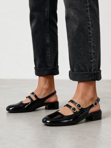 Image of Mostrin Mary Jane Shoes Women Slingback Chunky Low Heels for Women Closed Rounded Toe Ankle Strap Pumps Daily Wedding Party Dress Shoes