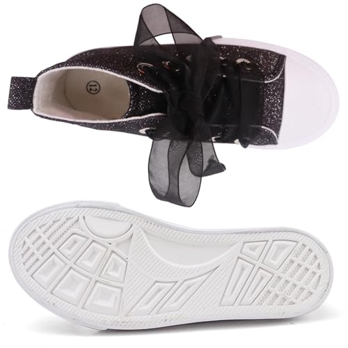 Toandon Toddler Girls Kids Sneakers Glitter Canvas Walking Shoes Sparkly High Top Child Lace Up Ribbon Lightweight flexiable Breathable School Party Non Slip Black Size 10