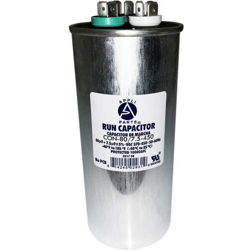 Appli Parts Dual Run Capacitor for ac 80+7.5 Mfd uF (microfarads) 370VAC or 450VAC CBB65 Round Universal fit for hvac and other applications 5-3/4 in High 2-5/16 in Wide CON-80/7.5-450