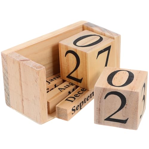 STOBAZA Calendario de Bloques de Madera Elegante para Escritorio, Decoración de Mesa en Estilo Europeo, Calendario Perpetuo de Sobremesa en Color Madera Natural, Accesorio Funcional