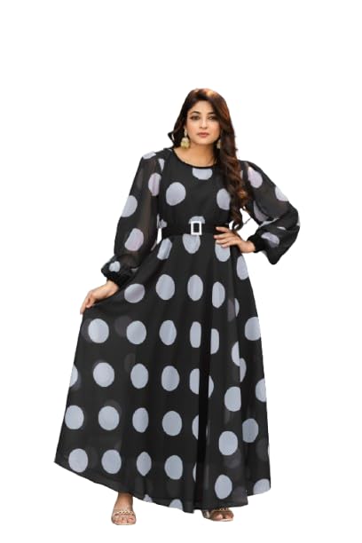 Black Georgette Fabric with Crepe Lining for no Transparency Umbrella Pattern Gown Polka Dots Print Bishop Sleeves with Elastic Cuffs with Belt-image-13