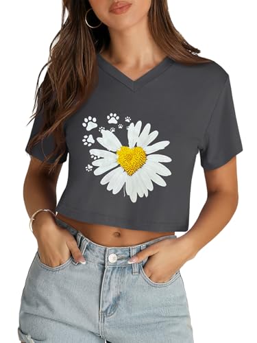 Image of Womens Crop Tops Short Sleeve V Neck Summer Cropped T Shirts Baisc Tees