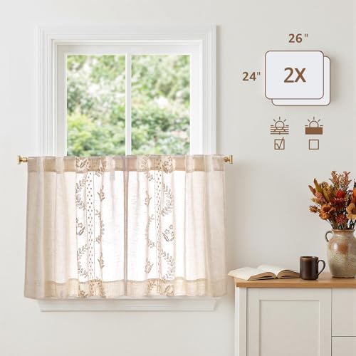 Image of jinchan Beige Floral Linen Kitchen Tier Curtains 24 Inch, 2 Panels