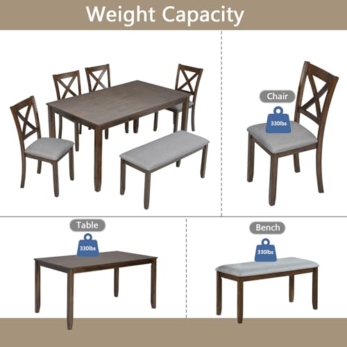 Image of LUMISOL 6 Piece Dining Table Set for 6, Solid Wood Kitchen Table with 4 Chairs and Bench, Farmhouse Dining Table Chair with Bench Set for Kitchen, Living Room, Walnut Grey