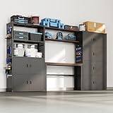 FLEXIMOUNTS Garage Storage Cabinet System, 3-in-1 Modular Metal Tool Cabinet w/ Workbench and Metal Board Shelf Includes Pegboard, 24-Gauge Steel, 117'(L) w/ 6 Doors, Black, FLEXIMOD Series