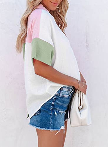 Dokotoo 2023 Summer Womens Ladies V-Neck Turn Down Collared Batwing Short Sleeve Pullover Shirts Comfy Linen Color Block Back Button Down Workout Loose Fit Tunic Blouses Green L #TOP2