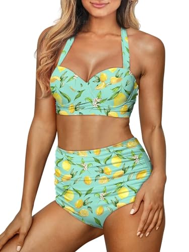 Mushroom & Fruit Print Women's Two-Piece Lace-up Swimsuit Halter Ruched High Waist Bikini Set