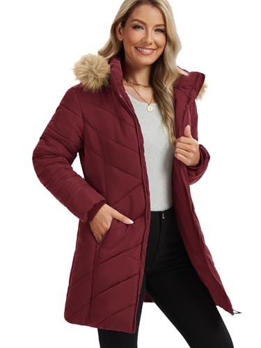 Funlingo Womens Winter Puffer Coat with Hood Zip Up Thickened Warm Quilted Down Jacket Fashion Ladies Long Casual Parka Wine Red L
