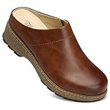 SHIBEVER Clogs for Women Mules Shoes Leather Slip On Clog Closed Toe Comfortable Mules Brown Size 8