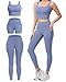 SALSPOR 3 Piece Workout Sets for Women High Waisted Leggings with Pockets Tummy Control Biker Shorts Yoga Sports Bra(3YFTZ-Grayish Blue-M)