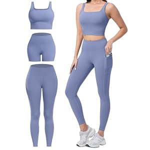 3 Piece Workout Sets for Women High Waisted Leggings with Pockets Tummy Control Biker Shorts Yoga Sports Bra
